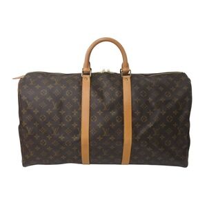 LOUIS VUITTON Keepall Boston Bag Monogram Coated Canvas Natural Leather Brown